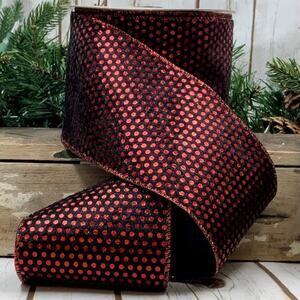 Red Metallic Dots Black Wire Edge Ribbon 4" x 10 yds d.stevens Christmas Wreaths